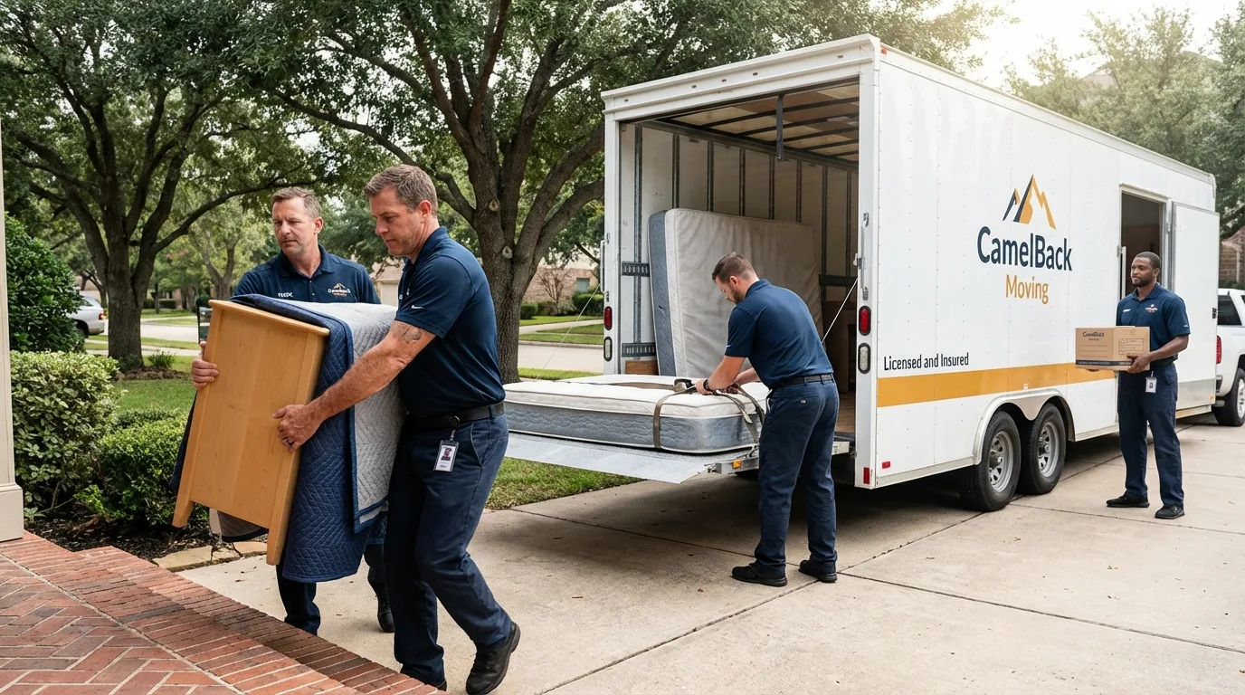 Crew loading residential truck for cross-state move from Killdeer, ND