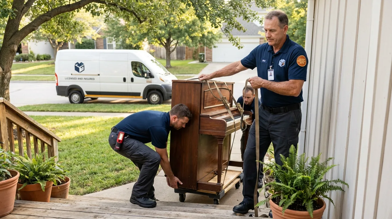 Licensed piano movers securing grand piano in Killdeer, ND