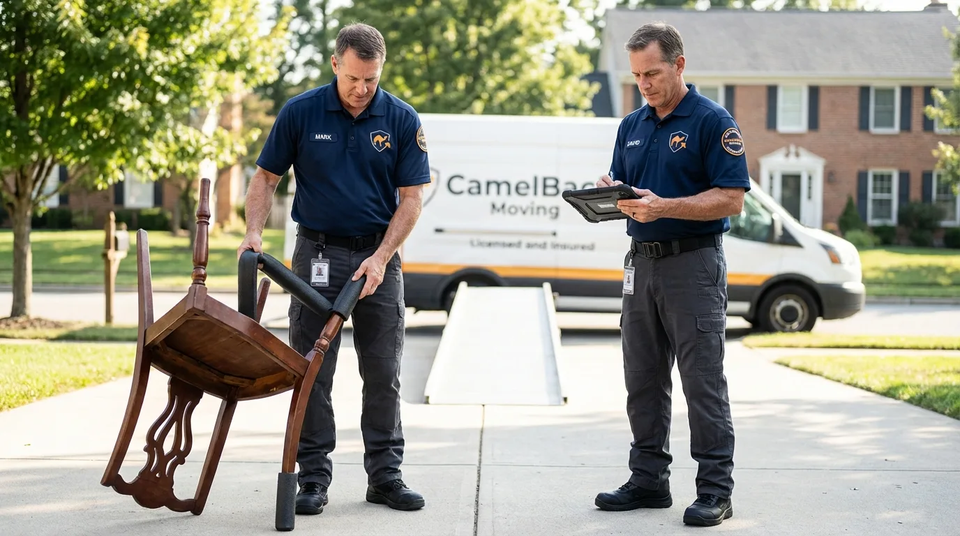 Movers inspecting furniture for damage prevention before loading in Killdeer, ND